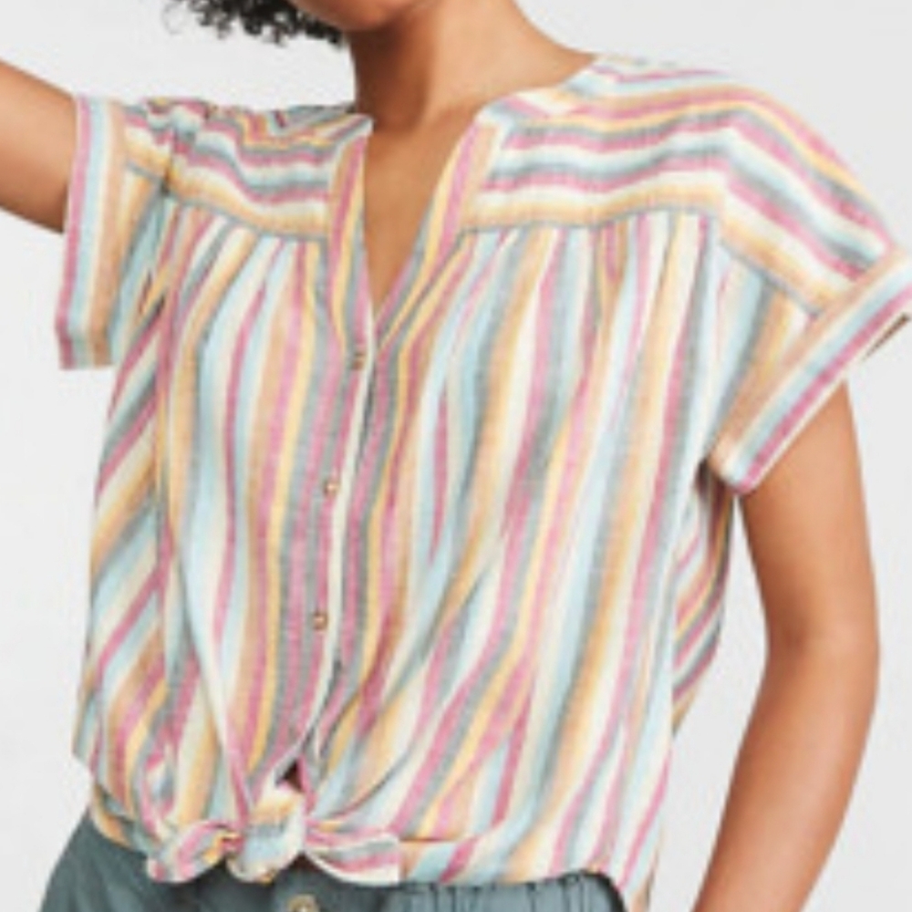 Sharagano Pastel Rainbow Striped Blouse Tie Front Long Sleeve Roll Tab